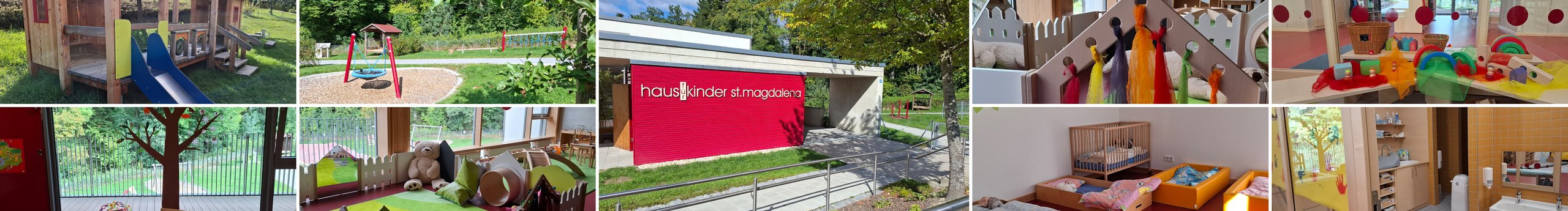 Haus für Kinder St. Magdalena: Collage mit Haupteingang, Garten und Räumen